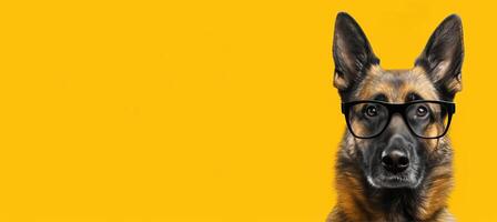 ai genererad smart hund med eleganta svart glasögon på vibrerande gul bakgrund Plats för text foto