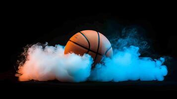 ai genererad dynamisk basketboll boll med färgrik rök virvlande ut, isolerat på svart bakgrund foto