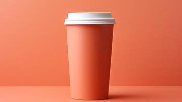ai genererad trendig Färg kaffe kopp attrapp på fast Färg bakgrund för branding och reklam foto