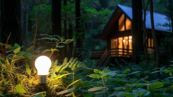 ai genererad grön eco vänlig hus modell med ljus Glödlampa på jord, verklig egendom aning begrepp foto