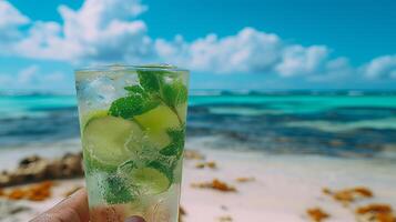 ai genererad man njuter en uppfriskande mojito cocktail på en pittoresk paradis strand på en solig sommar dag foto