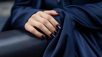 ai genererad glamour Marin blå gel manikyr med franska design för kvinna hand modell på lyx salong. foto