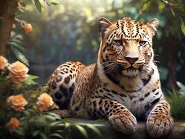 ai genererad leopard lounger mitt i frodig grönska och blomning blommor foto