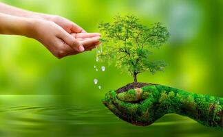 koncept rädda världen spara miljö världen är i gräset av den gröna bokehbakgrunden foto