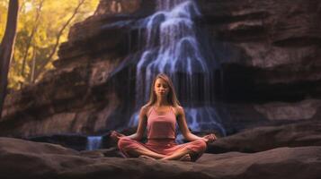 ai genererad flicka gör yoga. kvinna i lotus placera mediterar. begrepp av andlighet, kondition och sporter, välbefinnande och självkontroll. ai genererad foto