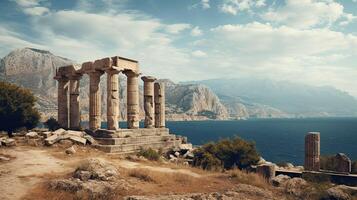 ai genererad gammal ruiner på sten förbi hav. grekisk eller roman stad på en medelhavs landskap. foto