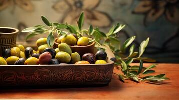 ai genererad låda eller spjällåda med hantera av oliver. medelhavs kök, Ingredienser och grönsaker. foto
