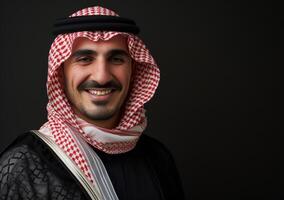 ai genererad ett arab man leende mot en svart bakgrund, islamic traditionell Kläder bild foto
