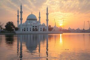 ai genererad vatten förbi de moské på solnedgång, moské silhuetter Foto