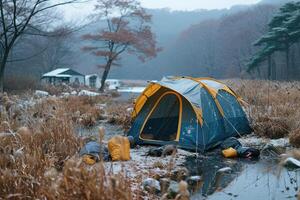 ai genererad läger ut med tält i parkera professionell fotografi foto