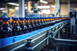 ai genererad bearbeta av dryck tillverkning på en transportband bälte på en fabrik. foto