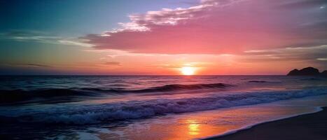 ai genererad skön solnedgång på strand, marinmålning panorama. lugn horisont, gyllene himmel, lugn vågor, tropisk paradis. foto