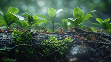 ai genererad en närbild av myror marscherande längs en skog golv, navigerande en terräng av vibrerande grön löv och kvistar foto