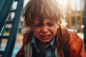 ai genererad en ung pojke är gråt på en lekplats foto