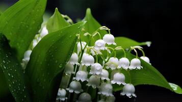 ai genererad skön vit lilja av de dal blommor i en regnig trädgård. vit små doftande blommor lilja av de dal i grön löv foto