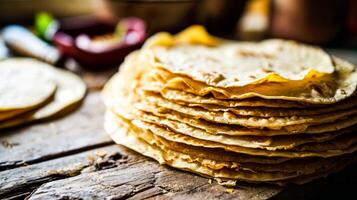 ai genererad en trä- stack av tunn, gyllene brun hemlagad flatbread på en trä- yta, påminner av en värma hemlagad behandla.lämplig för använda sig av som bilder för recept bloggar, matlagning webbplatser, kokbok foto