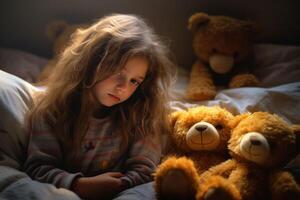 ai genererad en liten flicka Sammanträde på en säng med två teddy björnar foto