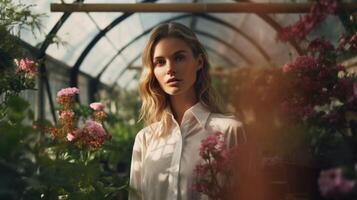 ai genererad en kvinna stående i en växthus med blommor foto