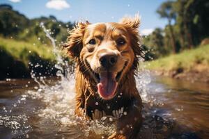 ai genererad en hund löpning genom en ström av vatten foto