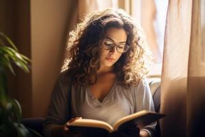 ai genererad kvinna läsning en bok, förlorat i de berättelse. lockigt hår. glasögon uppflugen på henne näsa. foto
