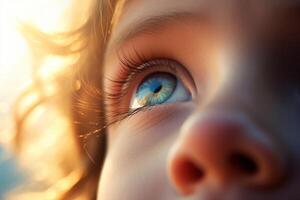 ai genererad stänga upp fokus på de öga av en barn ser upp under de Sol foto