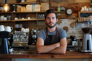 ai genererad Barista redo för service på kaffe affär. foto