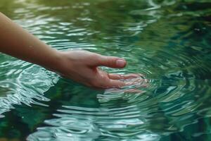 ai genererad kvinnas hand innehav en släppa av vatten på de bakgrund av de hav foto