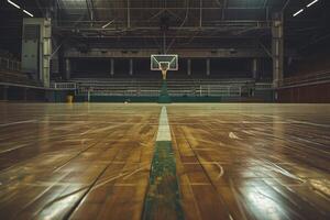 ai genererad tömma basketboll domstol i inomhus- stadion med ai genererad. foto