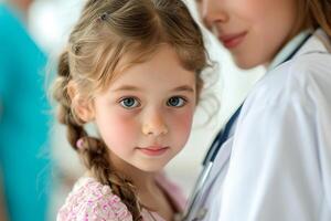 ai genererad liten flicka med en stetoskop på de läkares kontor. foto