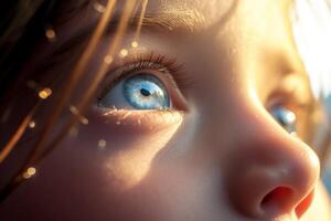ai genererad stänga upp fokus på de öga av en barn ser upp under de Sol foto