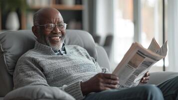 ai genererad lång skott av en 60 år gammal svart manlig, avkopplande i en grå liggande stol i hans stor ljus levande rum, leende medan läsning en tidning foto