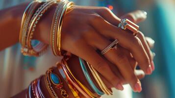 ai genererad skön kvinna händer med många enkel eleganta armband i pastell färger .närbild av en hand graciöst visning ett sortiment av guld och ädelsten Smycken. foto