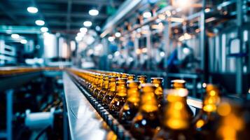ai genererad automatiserad flaska produktion linje.glas flaskor på en transportband bälte i ett industriell miljö. foto