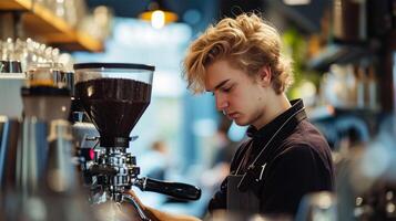 ai genererad ung manlig Barista rörelse ett espresso maskin, koncentrerad på kaffe förberedelse. foto