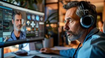 ai genererad en närbild av fokuserade läkare bär headset, ser på dator skärm under en video ring upp med en patient. läkare är förklara en diagnos, med synlig empati och professionalism. foto