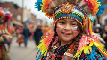 ai genererad ung flicka i traditionell festival kostym leende. en glad ung flicka Utsmyckad i en vibrerande, traditionell festival kostym med färgrik fjädrar och ansikte måla, fira kulturell foto