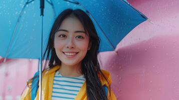 ai genererad leende asiatisk kvinna med blå paraply foto