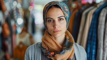 ai genererad kontemplativ kvinna i mönstrad scarf foto