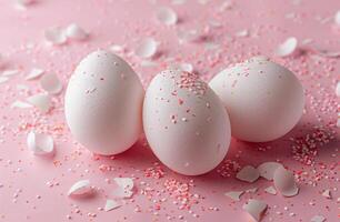 ai genererad en rosa bakgrund med ägg dekorationer och konfetti foto