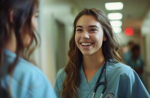 ai genererad kvinna medicinsk studerande är leende på henne sjuksköterska som hon gör en springa foto