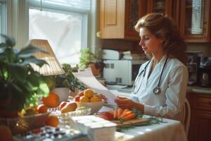 ai genererad kvinna läkare arbetssätt från Hem på en tabell med mat och frukt foto