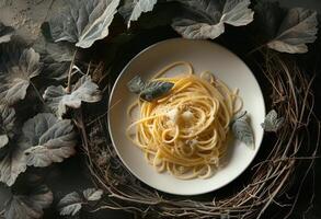 ai genererad en vit tallrik med pasta på en tabell Nästa till en vegetabiliska foto