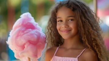 ai genererad en skön flicka, står leende och ser på de kamera, innehav en stor rosa bomull godis i henne hand. foto