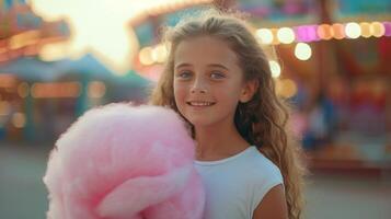 ai genererad en skön flicka, står leende och ser på de kamera, innehav en stor rosa bomull godis i henne hand. foto