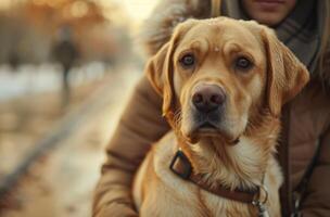 ai genererad en kvinna tryckande en gul labrador hund ner de gata foto