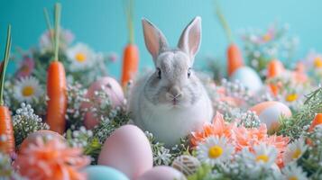 ai genererad en magisk påsk kanin verkstad bakgrund, med nyckfull morot plåster foto