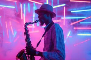 ai genererad en ung herre spelar de saxofon foto