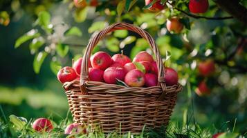 ai genererad röd äpplen i solbelyst fruktträdgård foto