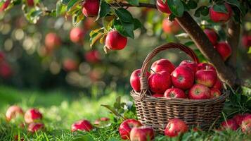 ai genererad röd äpplen i solbelyst fruktträdgård foto