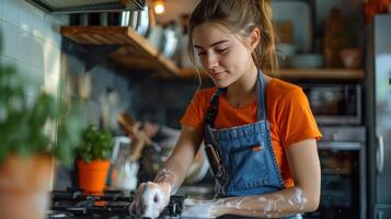 ai genererad en ung kvinna i ett orange t-shirt, blå jeans och en ljus blå förkläde tvättar de spis i henne modern ljus kök foto